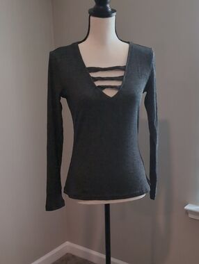 Charcoal Gray Strappy V-Neck Long Sleeve Top